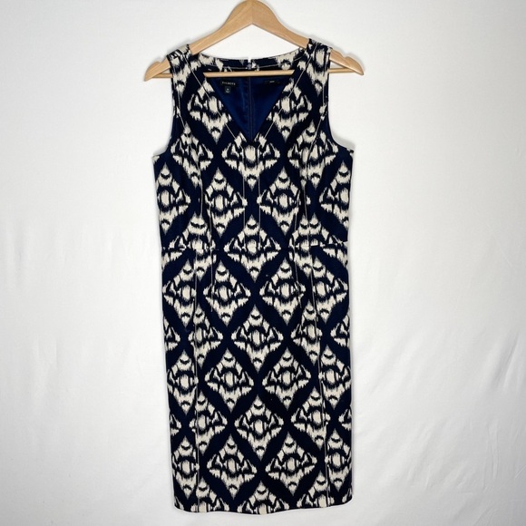 Talbots sz. 10 stretch navy blue and white ikat patterned dress l easter, office - Picture 5 of 16